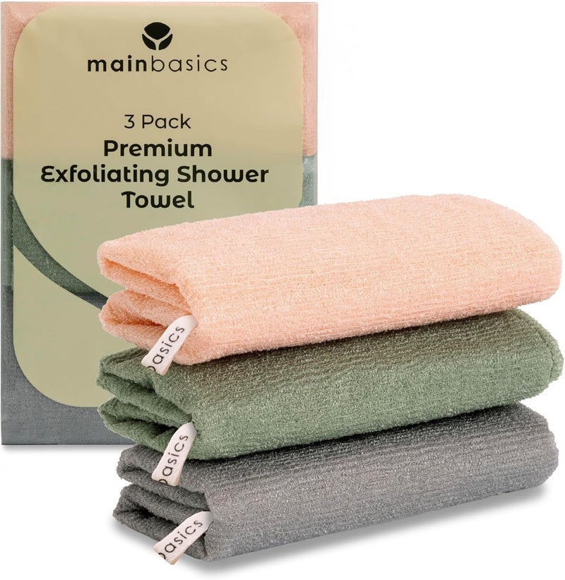 MainBasics Exfoliating Shower Towel - Japanese Nylon Bath Towel and Body Washcloth, Quick-Dry, Durable, Deep Exfoliation (Set of 3, Earthy Love) - Image 1